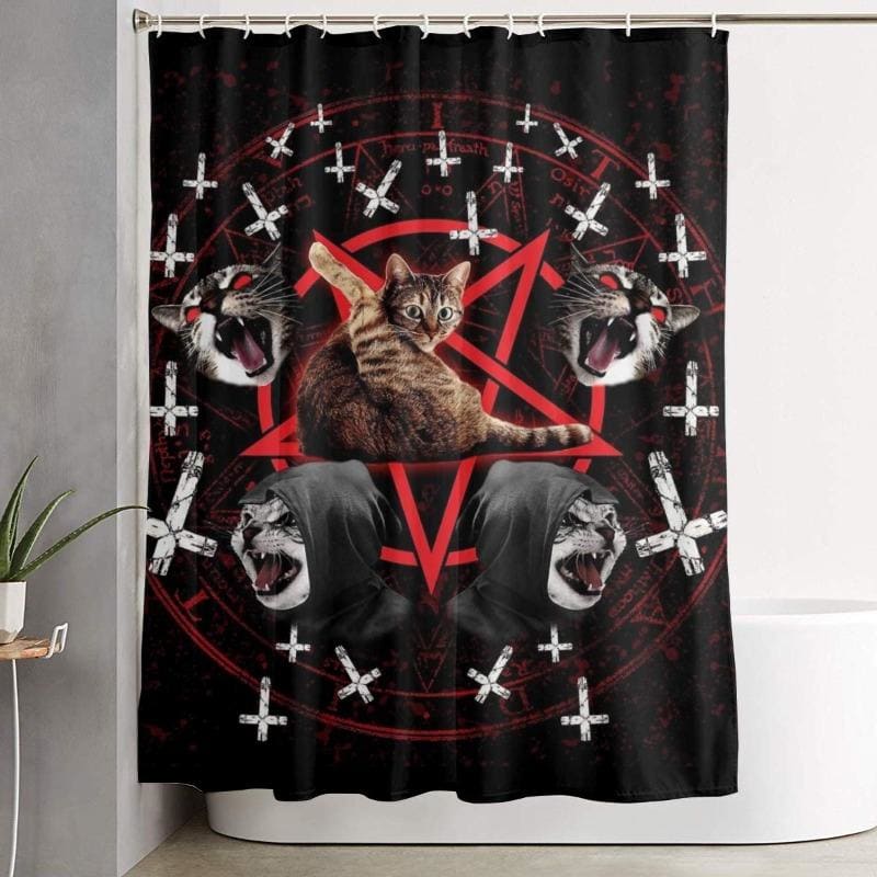 Gothic Black Cat Shower Curtain - HD Print, Washable, Polyester-Gothic Shower Curtain-Cross Cat-90X180cm-2-Colydia