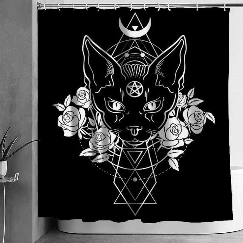 Gothic Black Cat Shower Curtain - HD Print, Washable, Polyester-Gothic Shower Curtain-Rose Cat-90X180cm-3-Colydia