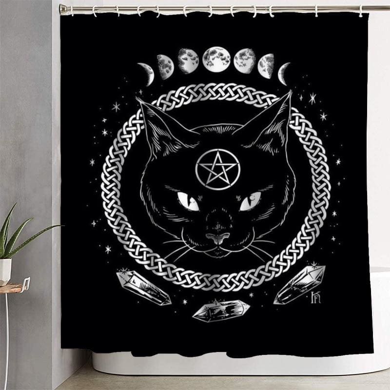 Gothic Black Cat Shower Curtain - HD Print, Washable, Polyester-Gothic Shower Curtain-Moon Cat-90X180cm-1-Colydia