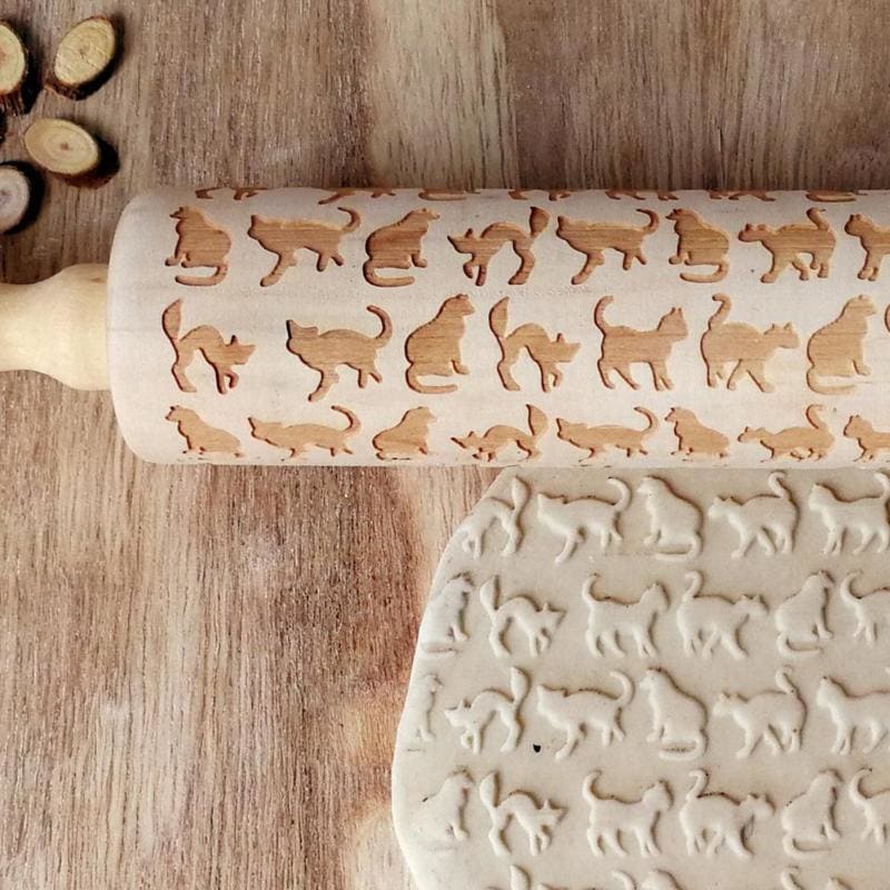 Engraved Pine Wood Rolling Pin with Cute Cat Patterns, 350mm-Engraved Rolling Pin-1-Colydia