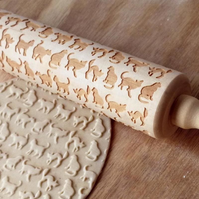 Engraved Pine Wood Rolling Pin with Cute Cat Patterns, 350mm-Engraved Rolling Pin-3-Colydia