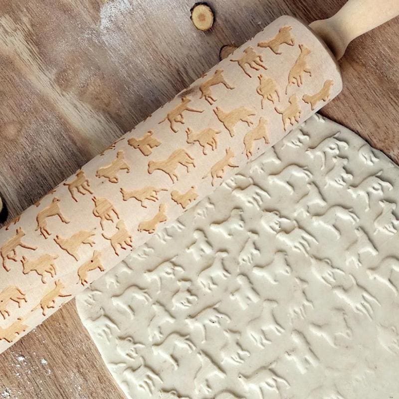 Engraved Pine Wood Rolling Pin with Cute Cat Patterns, 350mm-Engraved Rolling Pin-5-Colydia