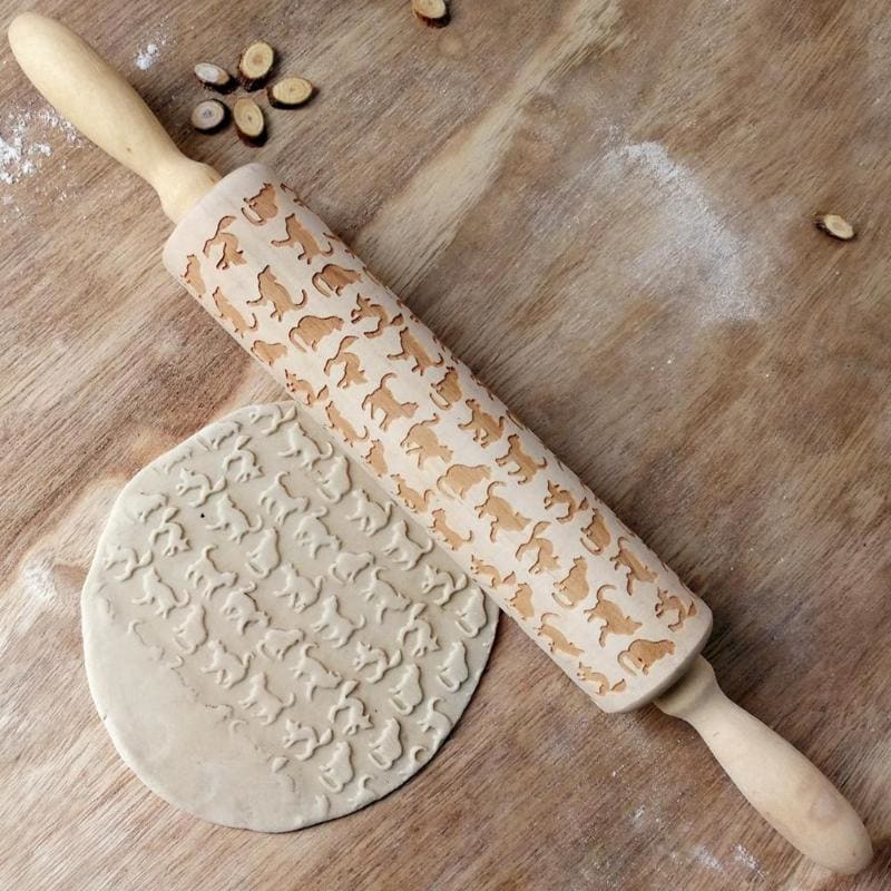 Engraved Pine Wood Rolling Pin with Cute Cat Patterns, 350mm-Engraved Rolling Pin-4-Colydia