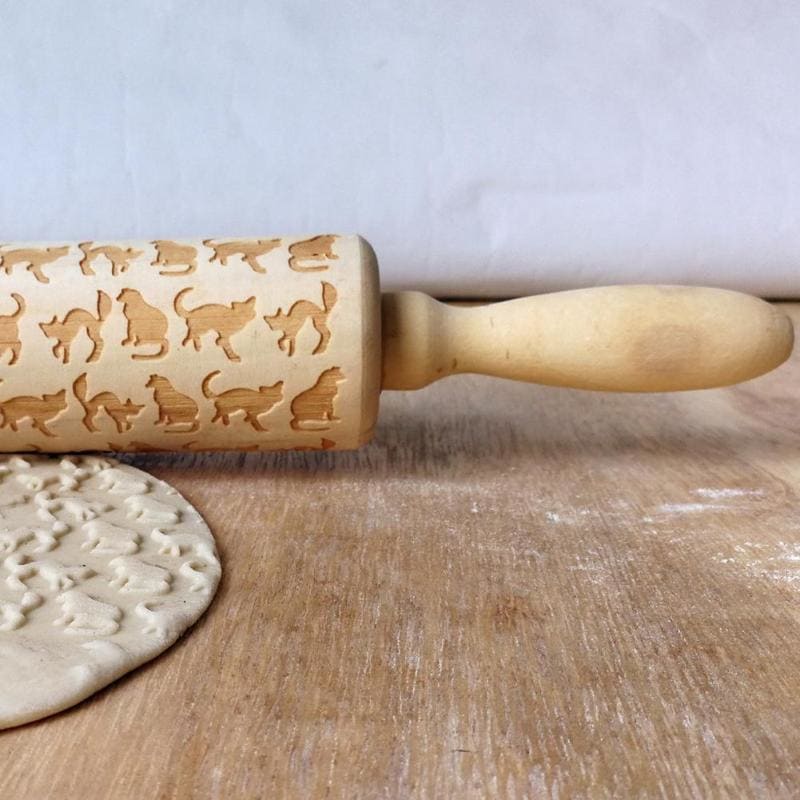 Engraved Pine Wood Rolling Pin with Cute Cat Patterns, 350mm-Engraved Rolling Pin-2-Colydia