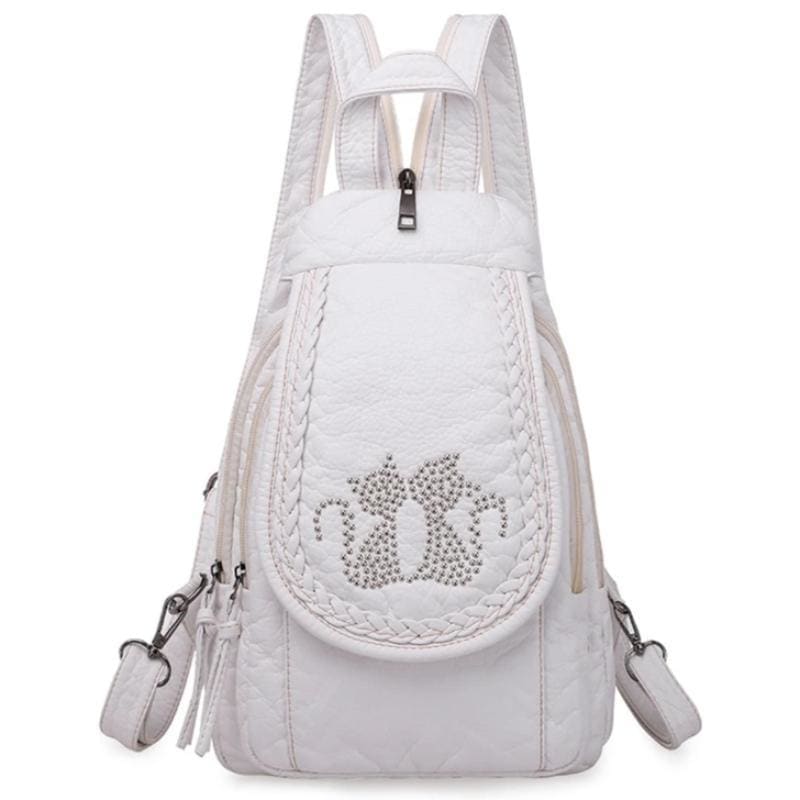 Women's Genuine Leather Cat Backpack - Compact, Water-Resistant Design-Women's Cat-themed Leather Backpack-White-3-Colydia