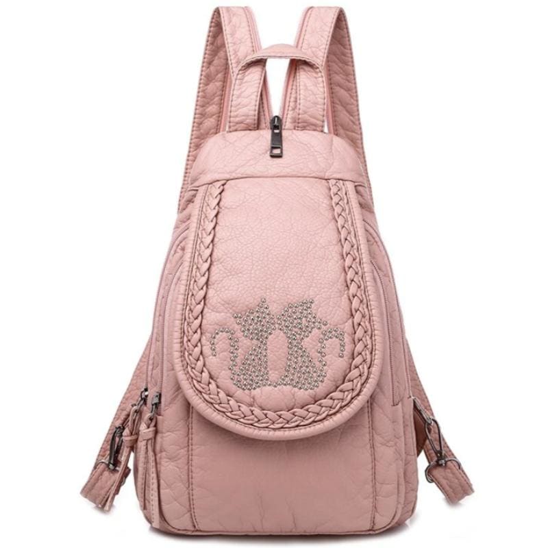 Women's Genuine Leather Cat Backpack - Compact, Water-Resistant Design-Women's Cat-themed Leather Backpack-Pink-2-Colydia