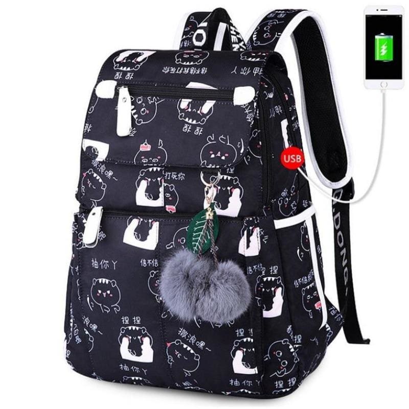 Nylon Cat School Backpack with USB Charging Port & Laptop Compartment-School Backpack-Black (32x14x43cm)-2-Colydia