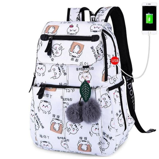 Nylon Cat School Backpack with USB Charging Port & Laptop Compartment-School Backpack-White (32x14x43cm)-1-Colydia