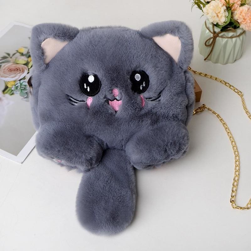 Cute Plush Cat Bag for Girls - Soft Denim, Multiple Compartments-Plush Cat Handbag-Dark Gray-5-Colydia