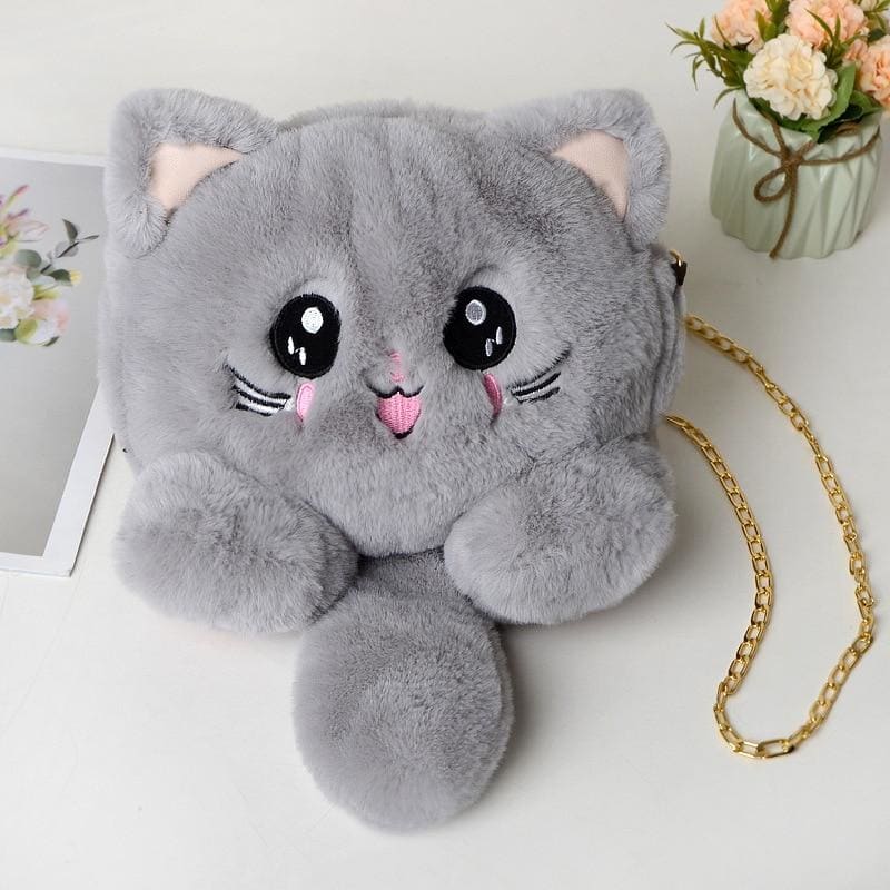 Cute Plush Cat Bag for Girls - Soft Denim, Multiple Compartments-Plush Cat Handbag-Light Gray-4-Colydia