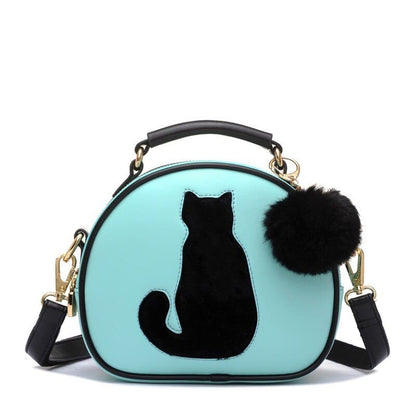 Chic Round Cat Silhouette Handbag with Pompom and PU Leather Strap-Cat-themed Handbag-Blue-13-Colydia