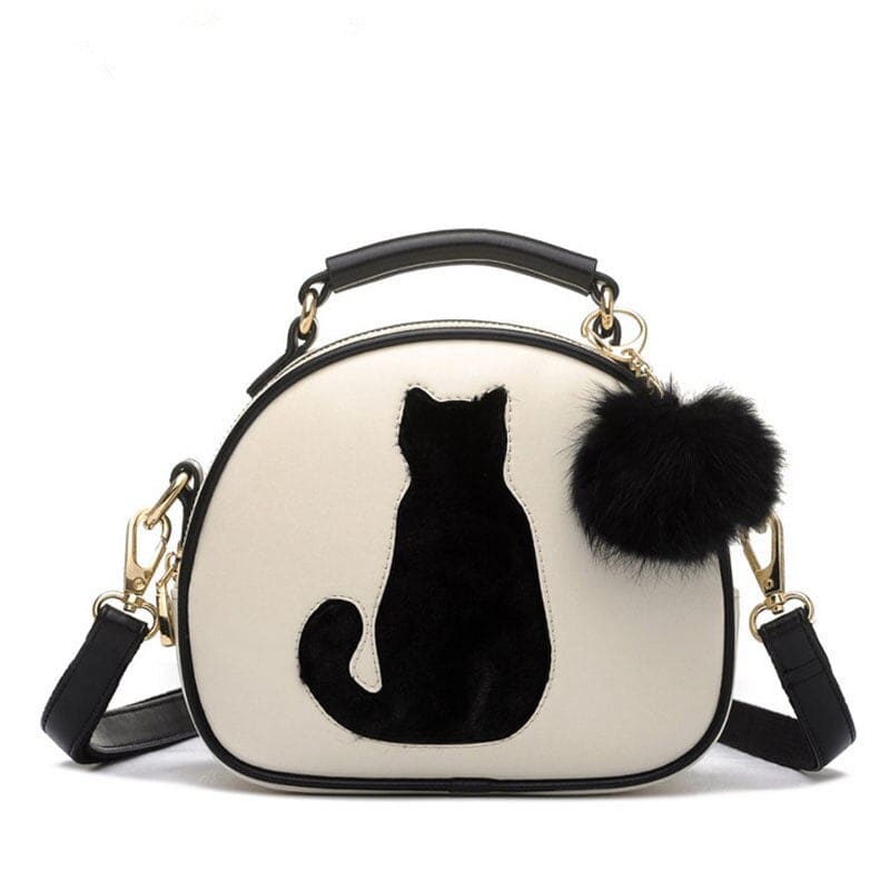 Chic Round Cat Silhouette Handbag with Pompom and PU Leather Strap-Cat-themed Handbag-White-11-Colydia