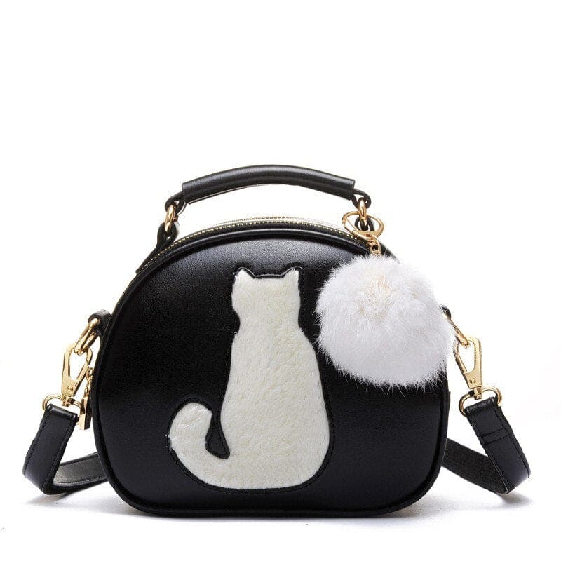 Chic Round Cat Silhouette Handbag with Pompom and PU Leather Strap-Cat-themed Handbag-Black-14-Colydia