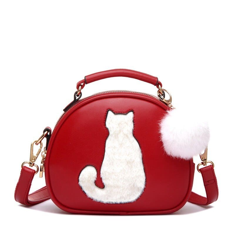 Chic Round Cat Silhouette Handbag with Pompom and PU Leather Strap-Cat-themed Handbag-Red-12-Colydia