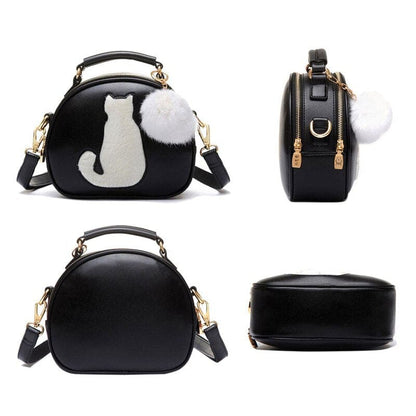 Chic Round Cat Silhouette Handbag with Pompom and PU Leather Strap-Cat-themed Handbag-4-Colydia