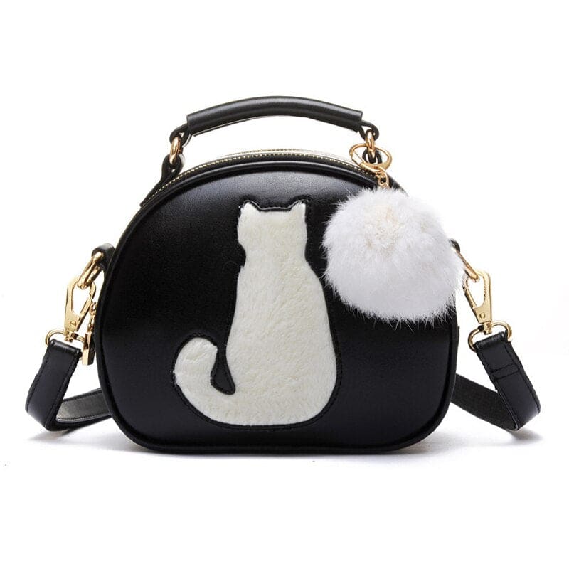 Chic Round Cat Silhouette Handbag with Pompom and PU Leather Strap-Cat-themed Handbag-1-Colydia