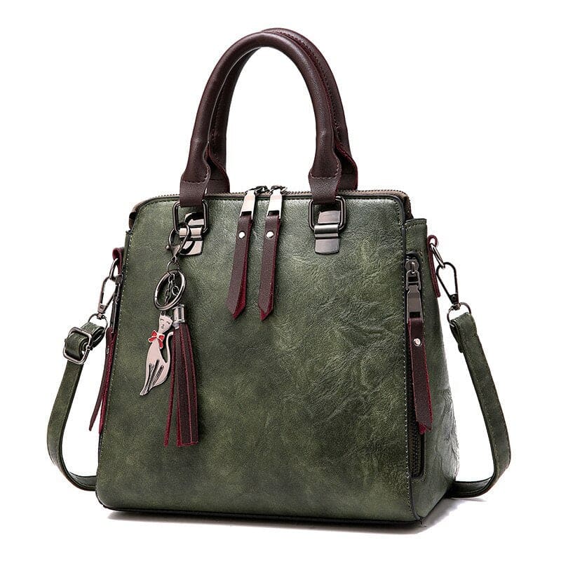 Elegant Vintage PU Leather Handbag with Cat Pendant Charm-Handbag-Olive-14-Colydia