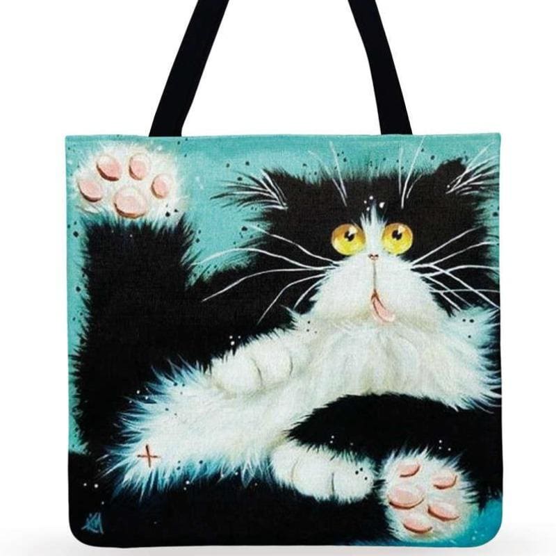 Linen Tote Bag with Adorable Fluffy Cat Design, Premium Style-Tote Bag-Black and White Cat-44x42cm-8-Colydia