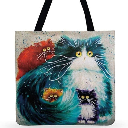 Linen Tote Bag with Adorable Fluffy Cat Design, Premium Style-Tote Bag-Blue Cat-44x42cm-4-Colydia