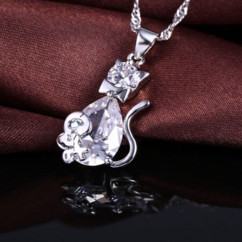 Sterling Silver Cat Pendant & Earrings Set with Zircon Stones-Jewelry Set-3-Colydia