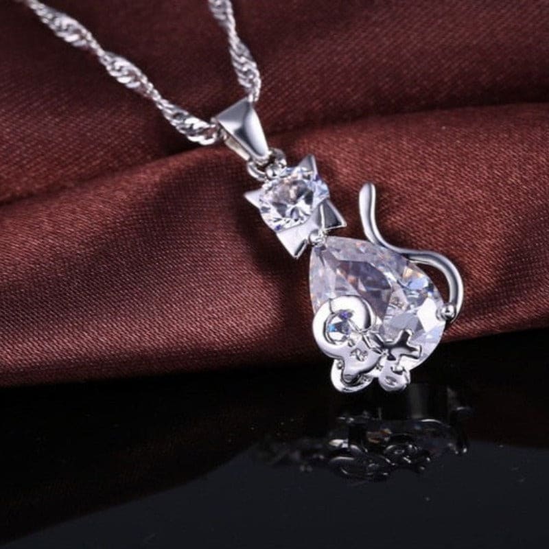 Sterling Silver Cat Pendant & Earrings Set with Zircon Stones-Jewelry Set-4-Colydia