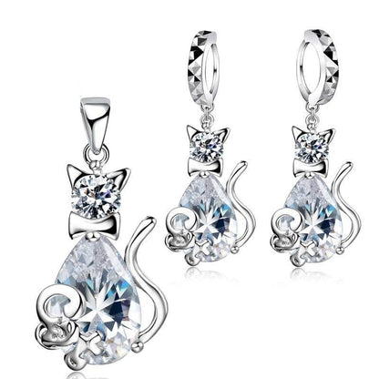 Sterling Silver Cat Pendant & Earrings Set with Zircon Stones-Jewelry Set-1-Colydia