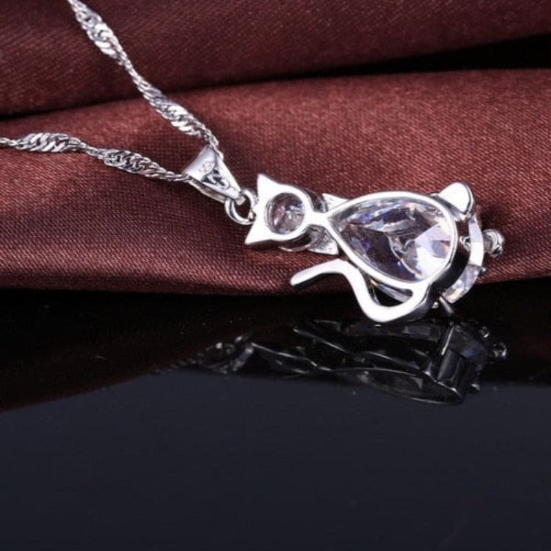 Sterling Silver Cat Pendant & Earrings Set with Zircon Stones-Jewelry Set-6-Colydia