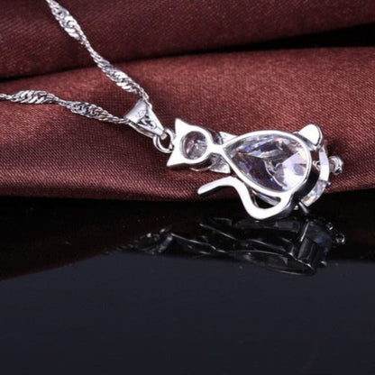 Sterling Silver Cat Pendant & Earrings Set with Zircon Stones-Jewelry Set-6-Colydia