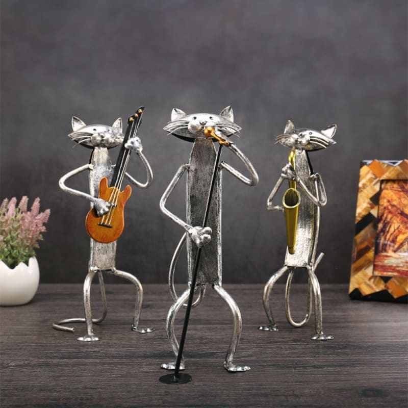 Handcrafted Wrought Iron Musician Cat Figurine - Unique Home Decor-Figurine Decor-1-Colydia