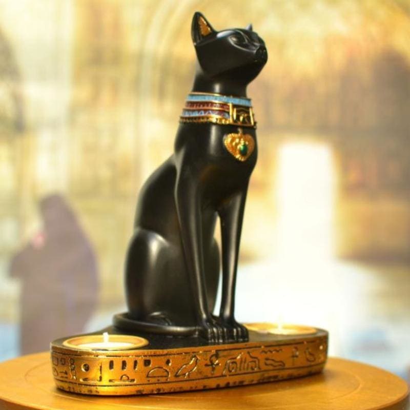 Ancient Egyptian Black Cat Candle Holder - Resin Statuette Decor-Candle Holder Statuette-L16cmxH20cm-1-Colydia