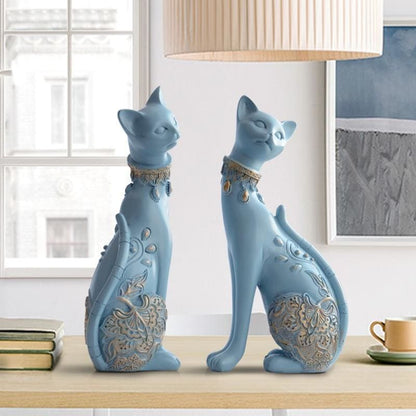 Blue & White Resin Cat Statues - Elegant Pair for Home Decor-Cat Statues-6-Colydia