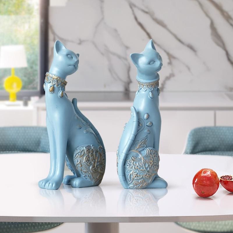 Blue & White Resin Cat Statues - Elegant Pair for Home Decor-Cat Statues-5-Colydia