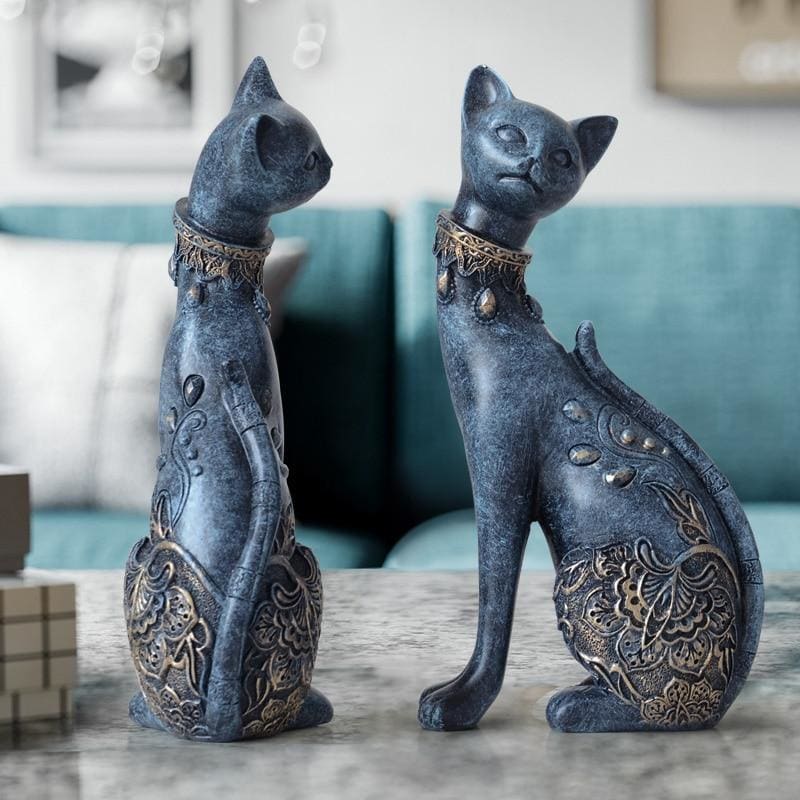 Blue & White Resin Cat Statues - Elegant Pair for Home Decor-Cat Statues-2-Colydia