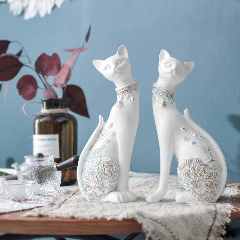 Blue & White Resin Cat Statues - Elegant Pair for Home Decor-Cat Statues-3-Colydia