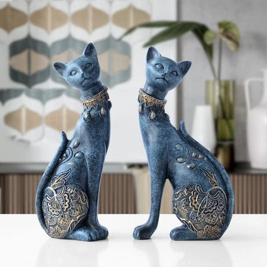 Blue & White Resin Cat Statues - Elegant Pair for Home Decor-Cat Statues-1-Colydia