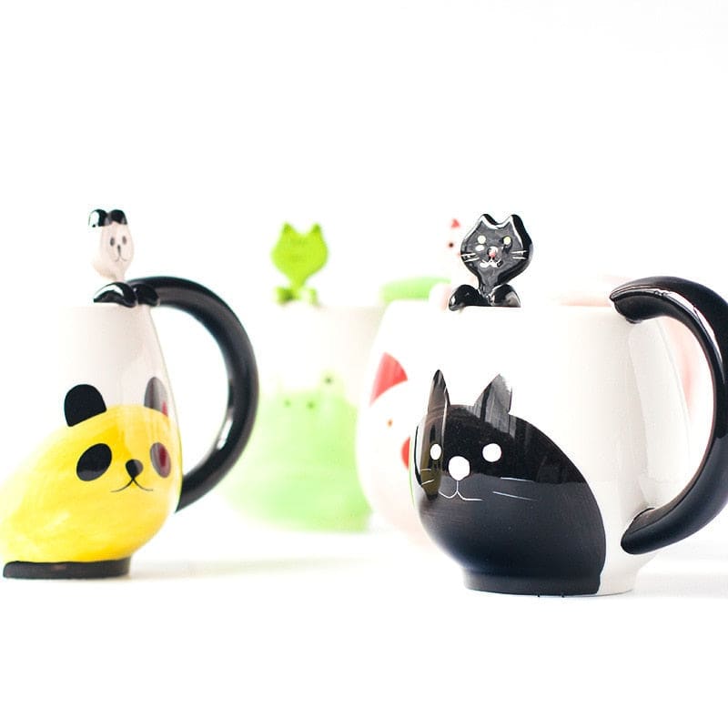 Adorable Black Cat Ceramic Mug with Spoon - Hand-Painted, 450mL-Ceramic Cat Mug-3-Colydia