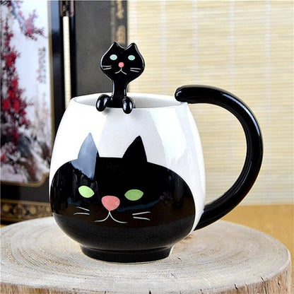 Adorable Black Cat Ceramic Mug with Spoon - Hand-Painted, 450mL-Ceramic Cat Mug-1-Colydia