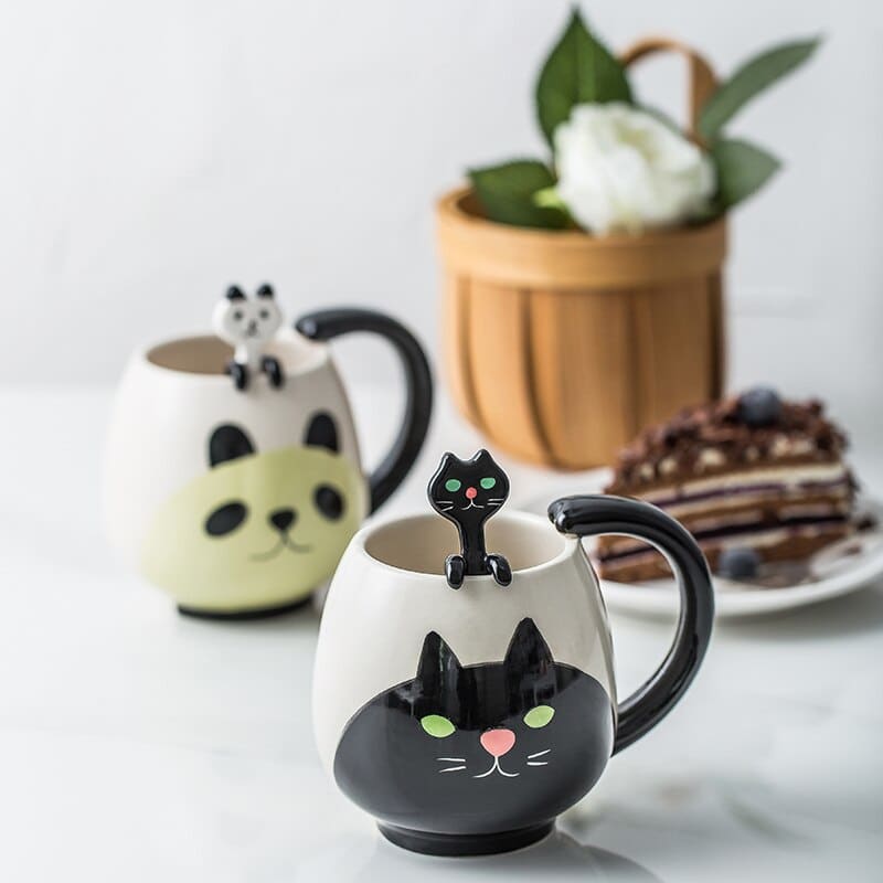 Adorable Black Cat Ceramic Mug with Spoon - Hand-Painted, 450mL-Ceramic Cat Mug-2-Colydia