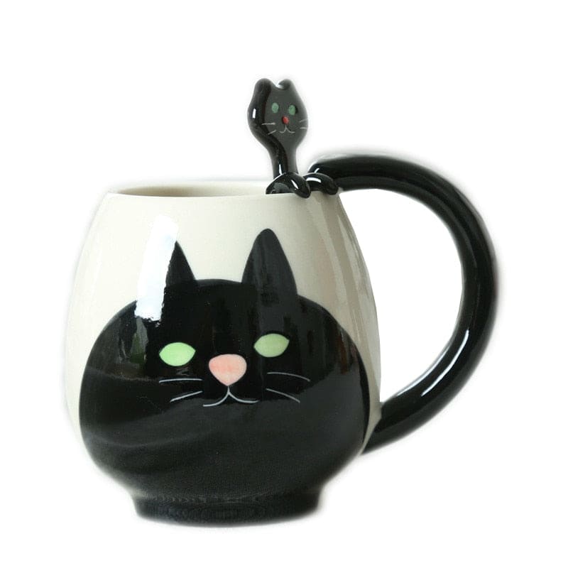 Adorable Black Cat Ceramic Mug with Spoon - Hand-Painted, 450mL-Ceramic Cat Mug-4-Colydia