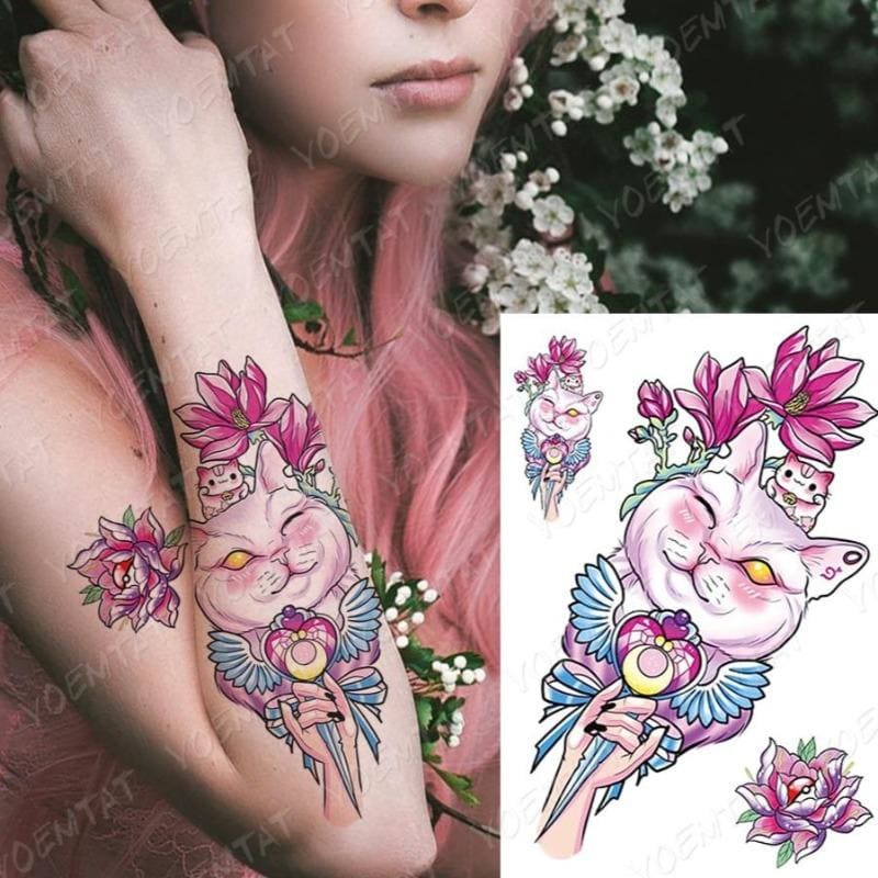 Pink Cat Temporary Tattoos – Non-Toxic, Easy to Apply & Remove-Temporary Tattoos-Flower-2-Colydia