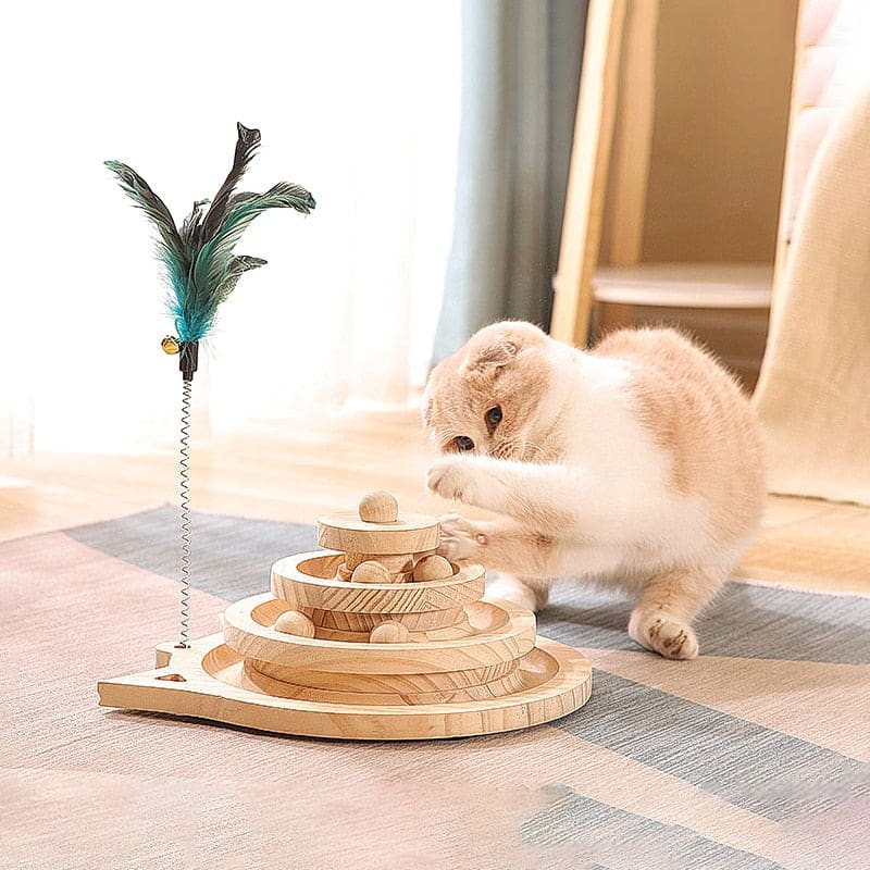 Wooden Cat Spiral Tower Toy: 3-Level Interactive Play Structure-Interactive Cat Toy-2-Colydia