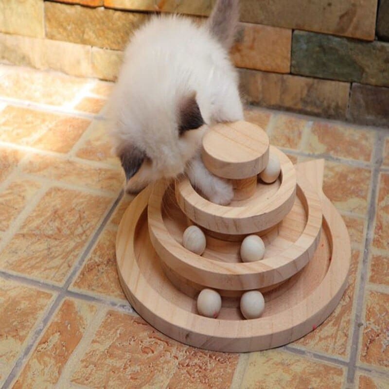 Wooden Cat Spiral Tower Toy: 3-Level Interactive Play Structure-Interactive Cat Toy-5-Colydia