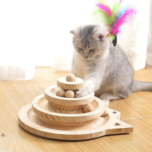 Wooden Cat Spiral Tower Toy: 3-Level Interactive Play Structure-Interactive Cat Toy-1-Colydia