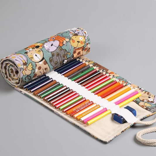 Kawaii Cat Canvas Pencil Case with 36 Slots for Pencils & Brushes-Pencil Case-Cartoon Cats-1-Colydia