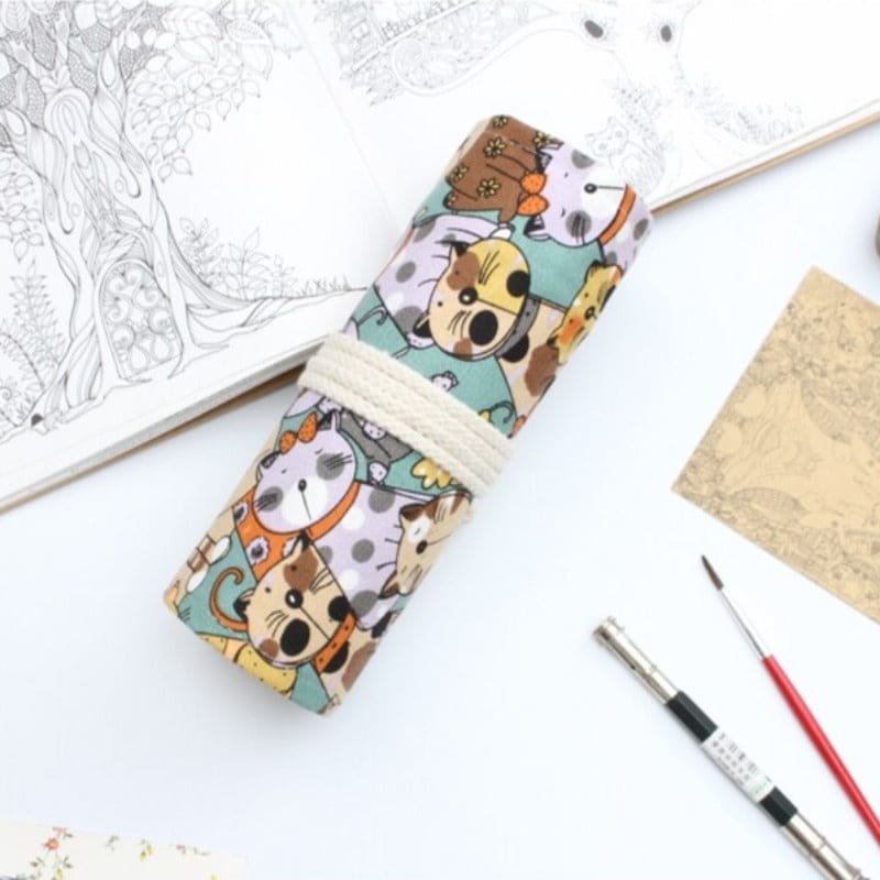 Kawaii Cat Canvas Pencil Case with 36 Slots for Pencils & Brushes-Pencil Case-7-Colydia