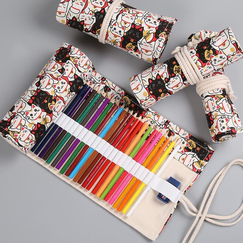 Kawaii Cat Canvas Pencil Case with 36 Slots for Pencils & Brushes-Pencil Case-3-Colydia