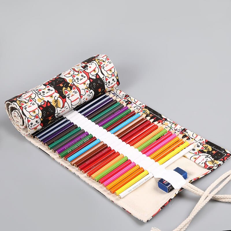 Kawaii Cat Canvas Pencil Case with 36 Slots for Pencils & Brushes-Pencil Case-Maneki Neko-12-Colydia