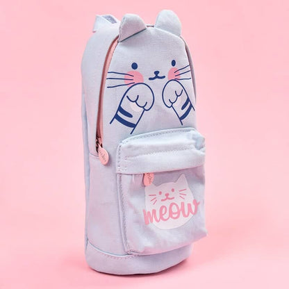 Cute Cat Makeup Pouch for Women & Girls, Washable Fabric, 21x6cm-Makeup Pouch-Blue-2-Colydia