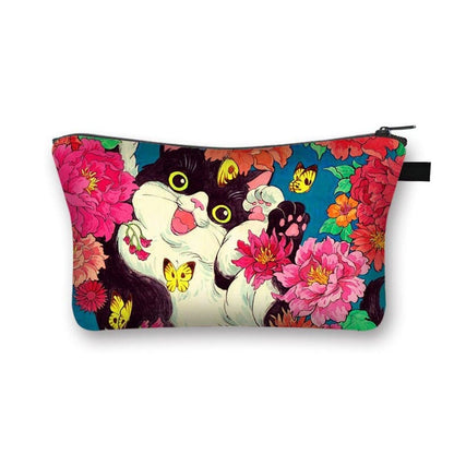 Durable Cat Pattern Cosmetic Bag with Zipper for Makeup Storage-Cosmetic Bag-Kawaii Floral Cat-4-Colydia