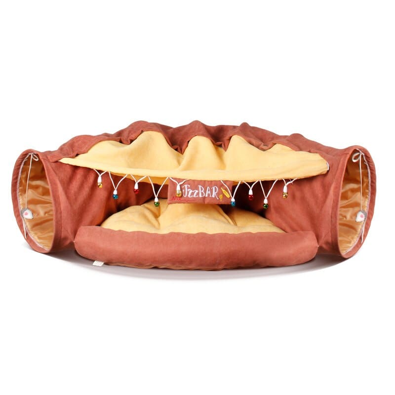 Plush Cat Tunnel with Cushioned Rest for Playful Feline Fun-Cat Play Tunnel with Cushion-Coffee-12-Colydia